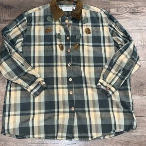 FALL LEAVES plaid SHIRT sage GREEN pale YELLOW tan leather collar, wood buttons